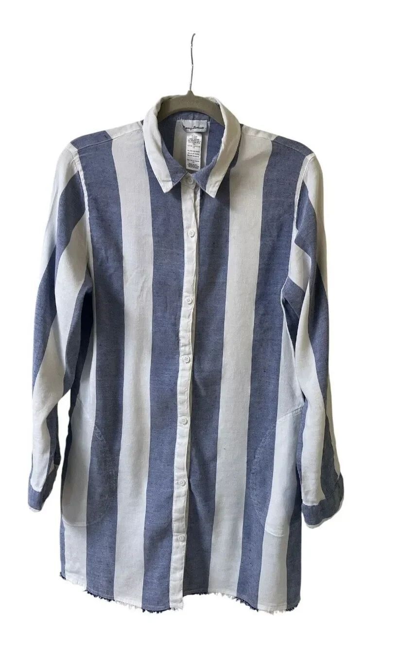 Tommy Bahama tunic style button down blouse blue and white stripe sz Large